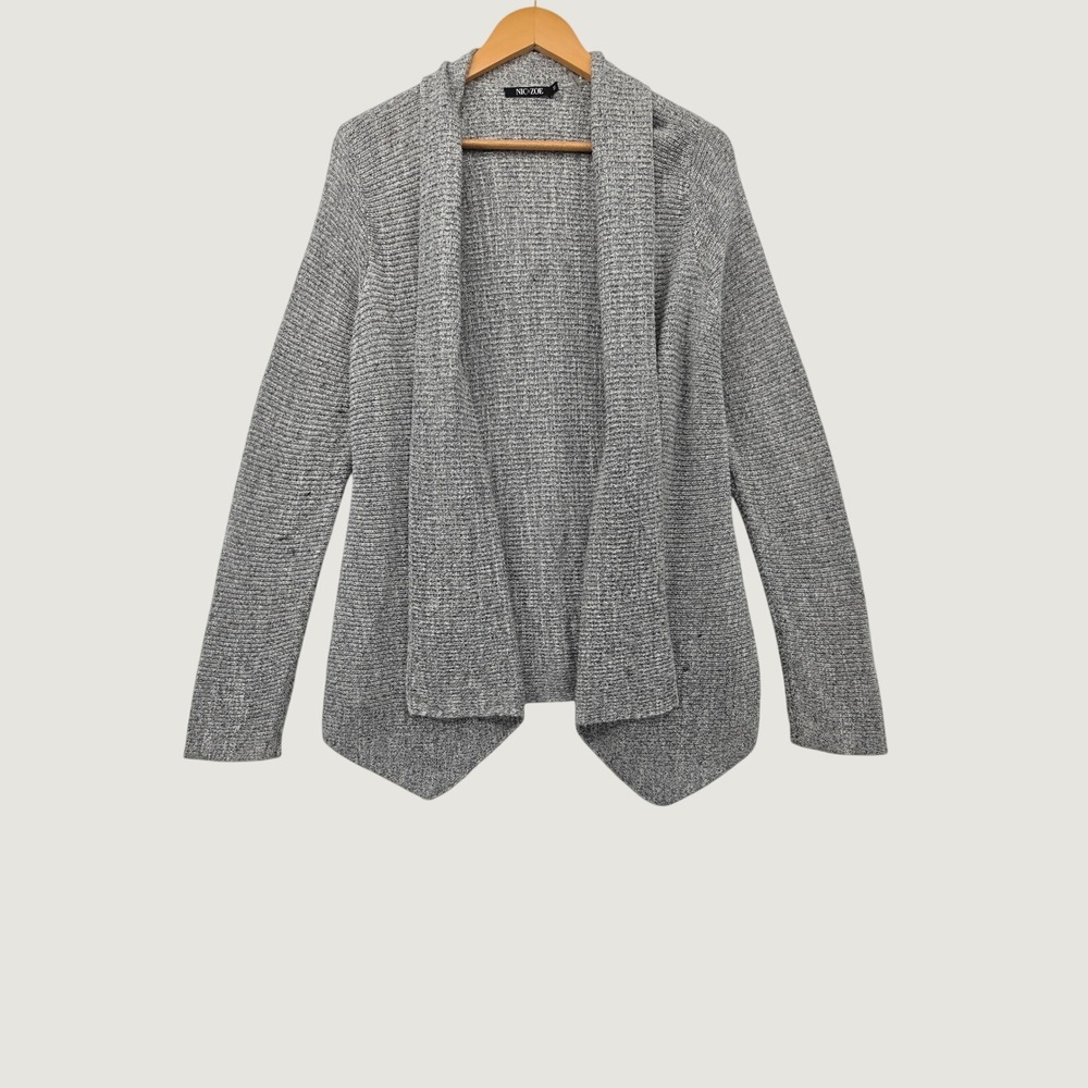 NIC+ZOE Gray Marl Knit Open Front Cardigan Draped Shawl Collar Sweater Medium